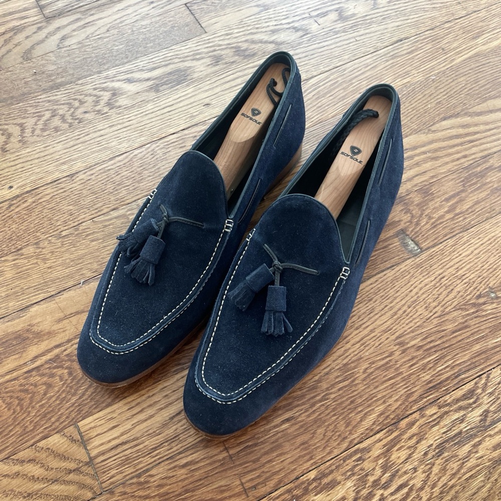 HADLEIGH’S Martin Men’s Dark Blue Suede Tassel Loafer Handmade In Italy Size 45